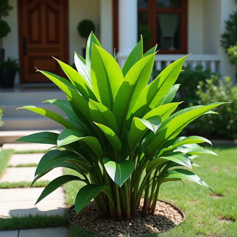 Cây đại tướng quân trồng trước nhà hoặc trong vườn nhà, minh họa ý nghĩa phong thủy và cảnh quan đẹp mắt